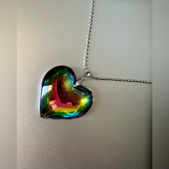 Crystal Glass Multicolor Heart Charm Pendant  Necklace Big 43mm 3D 60cm Chain - Picture 7 of 8